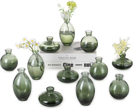 Hewory Glass Bud Vases for Centerpieces: Set of 12 Cute Green Small Vases Handmade, Mini Flower Vase for Floral Arrangement, Tiny Decorations for Home Office Wedding Reception Party Events Table Decor