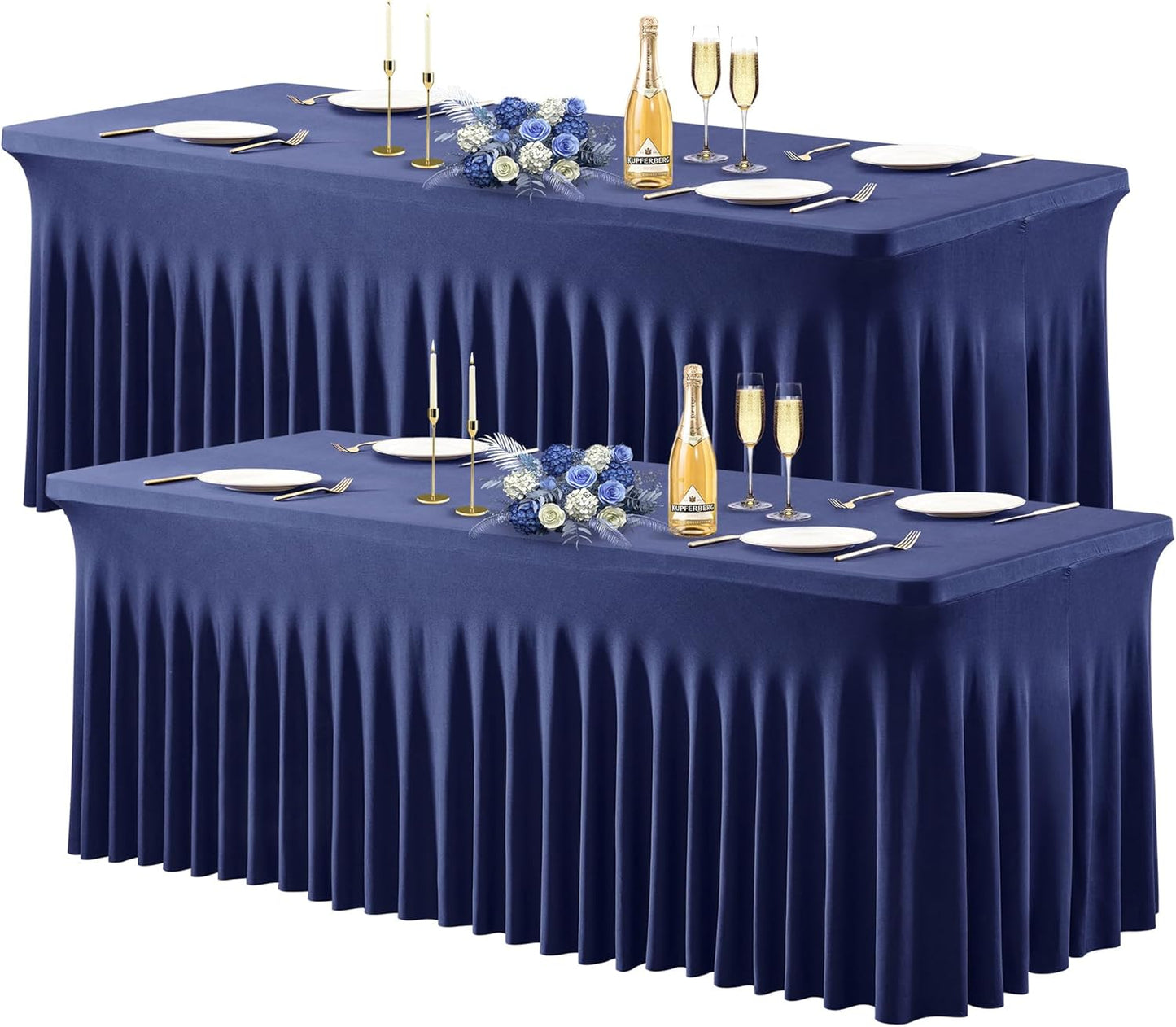 Wish Care 2 Pack Navy Blue Stretch Spandex Table Clothes for 6 Foot Rectangle Tables, 6FT Wrinkle Free Fitted Tablecloths Ruffles Design Table Cover for Party, Banquet, Wedding and Events