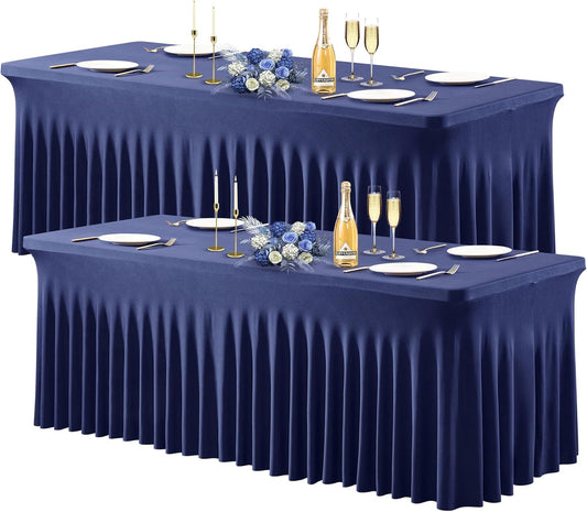 Wish Care 2 Pack Navy Blue Stretch Spandex Table Clothes for 6 Foot Rectangle Tables, 6FT Wrinkle Free Fitted Tablecloths Ruffles Design Table Cover for Party, Banquet, Wedding and Events