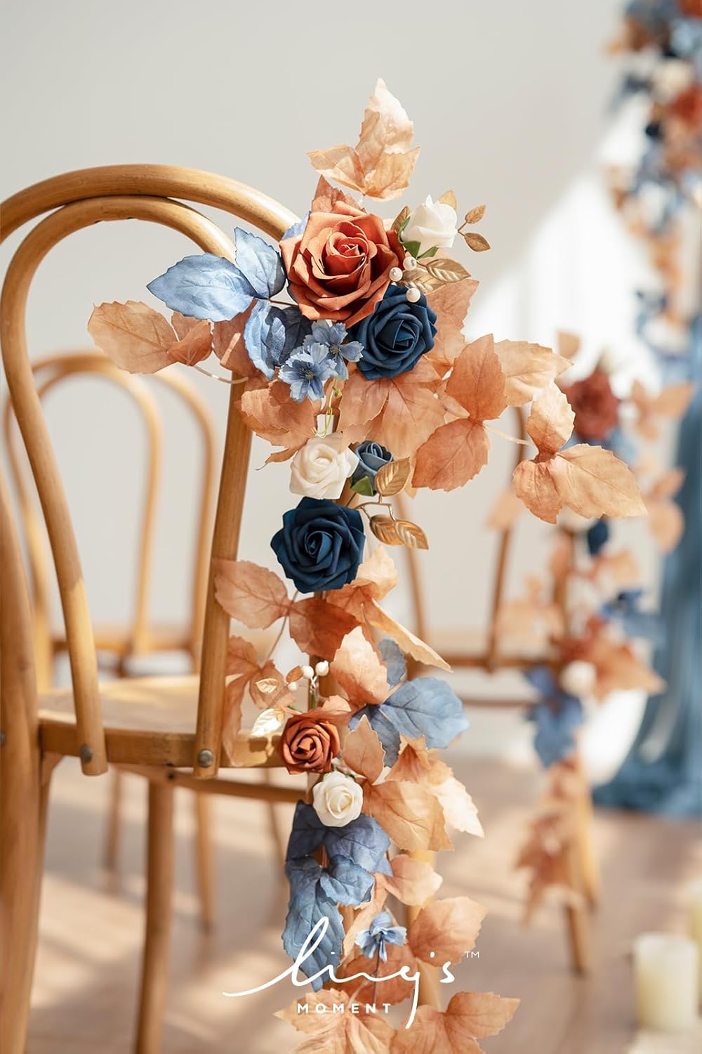 Ling's Moment Fall 10pcs Wedding Chair Decorations Aisle Floral Swag Artificial Pew Flowers Hanging Garland Terracotta Burnt Orange & Navy Blue for Ceremony Reception Church Rose Floral Party Outdoor