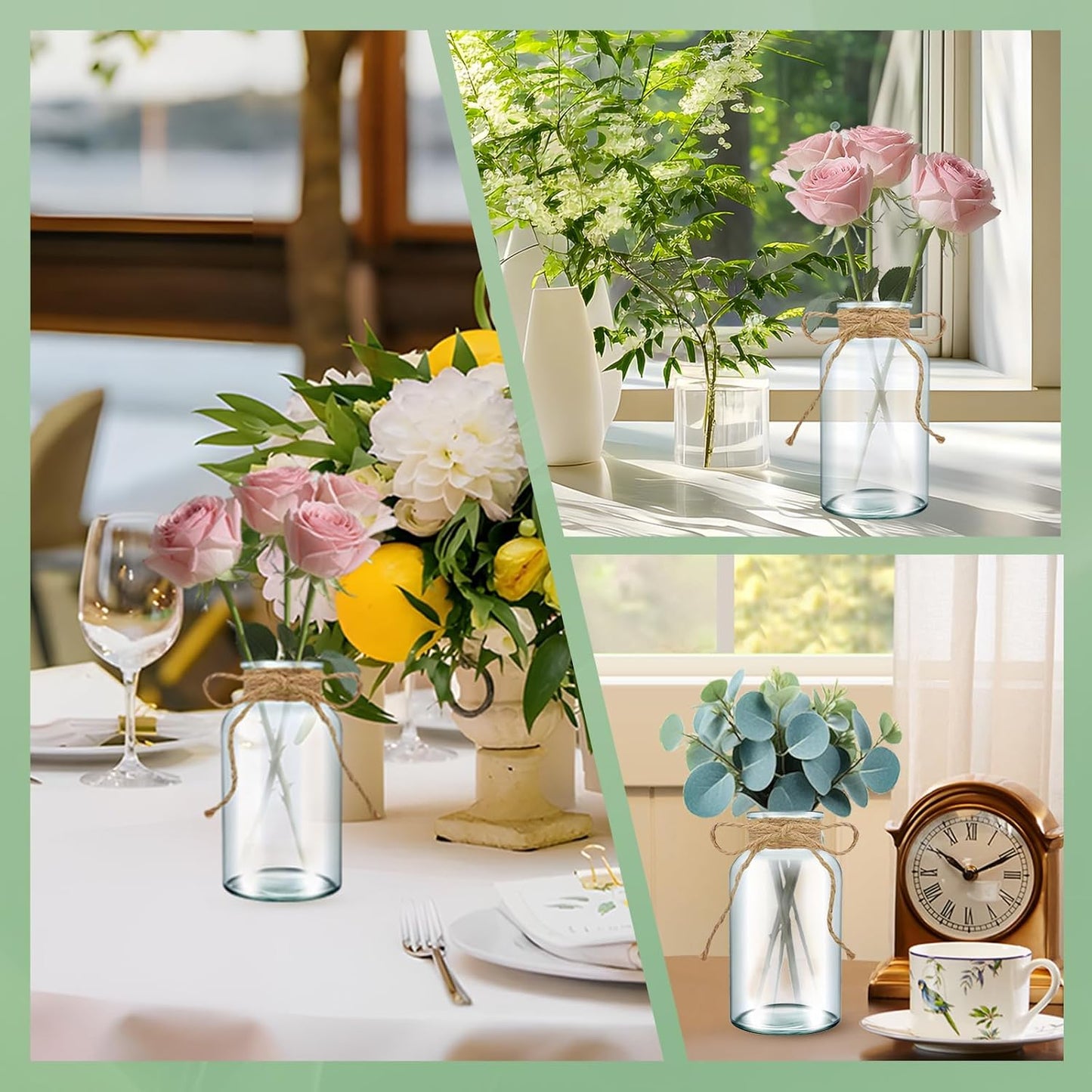 6PCS Transparent Glass Flower Vases for Centerpieces Boho Cylinder Bud Vases in Bulk Mason Jars for Weddings, Parties & Vintage Home Decor(Transparent 6)