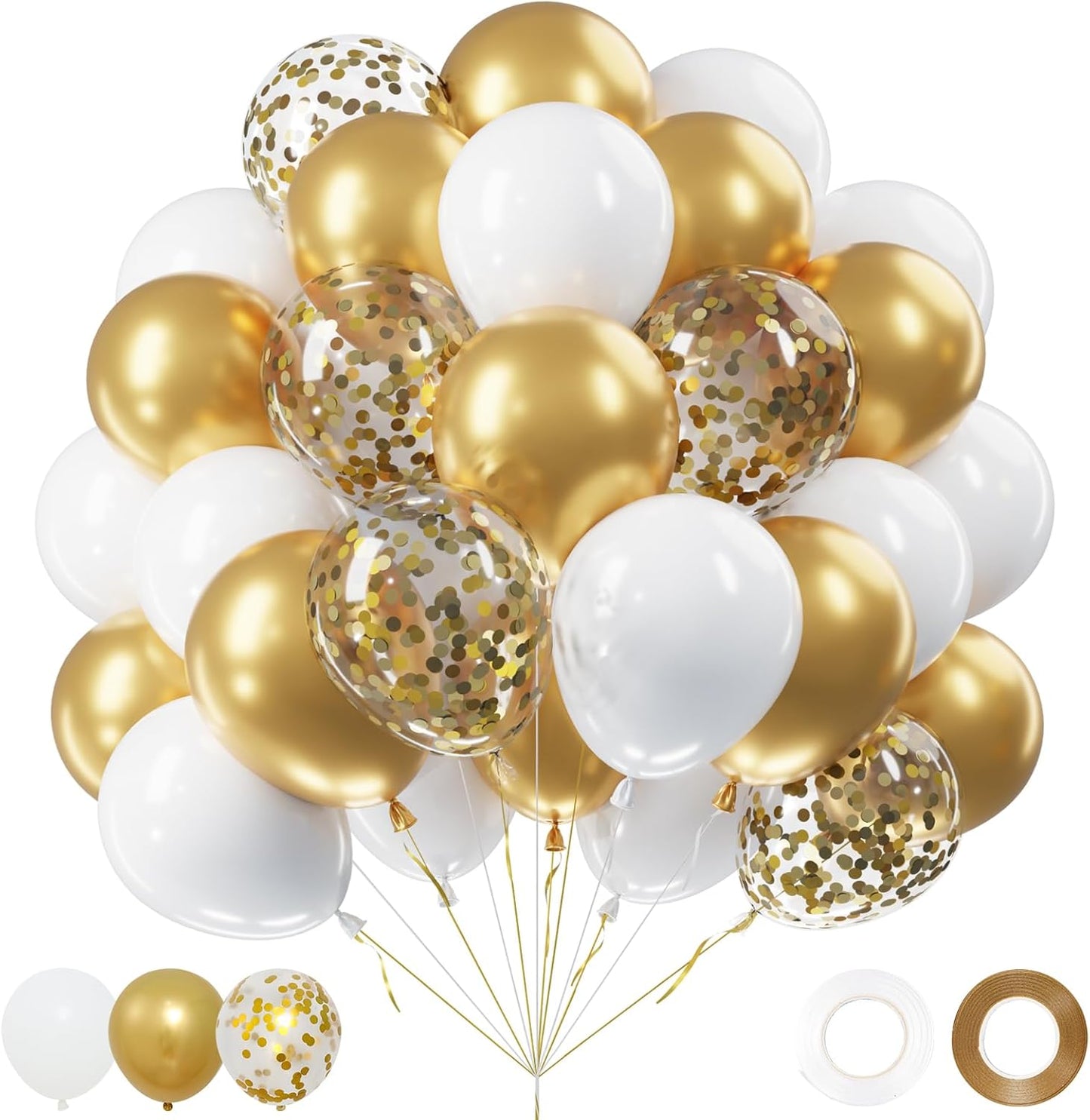 Netnology Gold and White Balloons Set, 60Pcs 12 Inch White Metallic Gold and Gold Confetti Latex Balloon for Birthday Baby Shower Bridal Shower Wedding Graduation Party Decorations