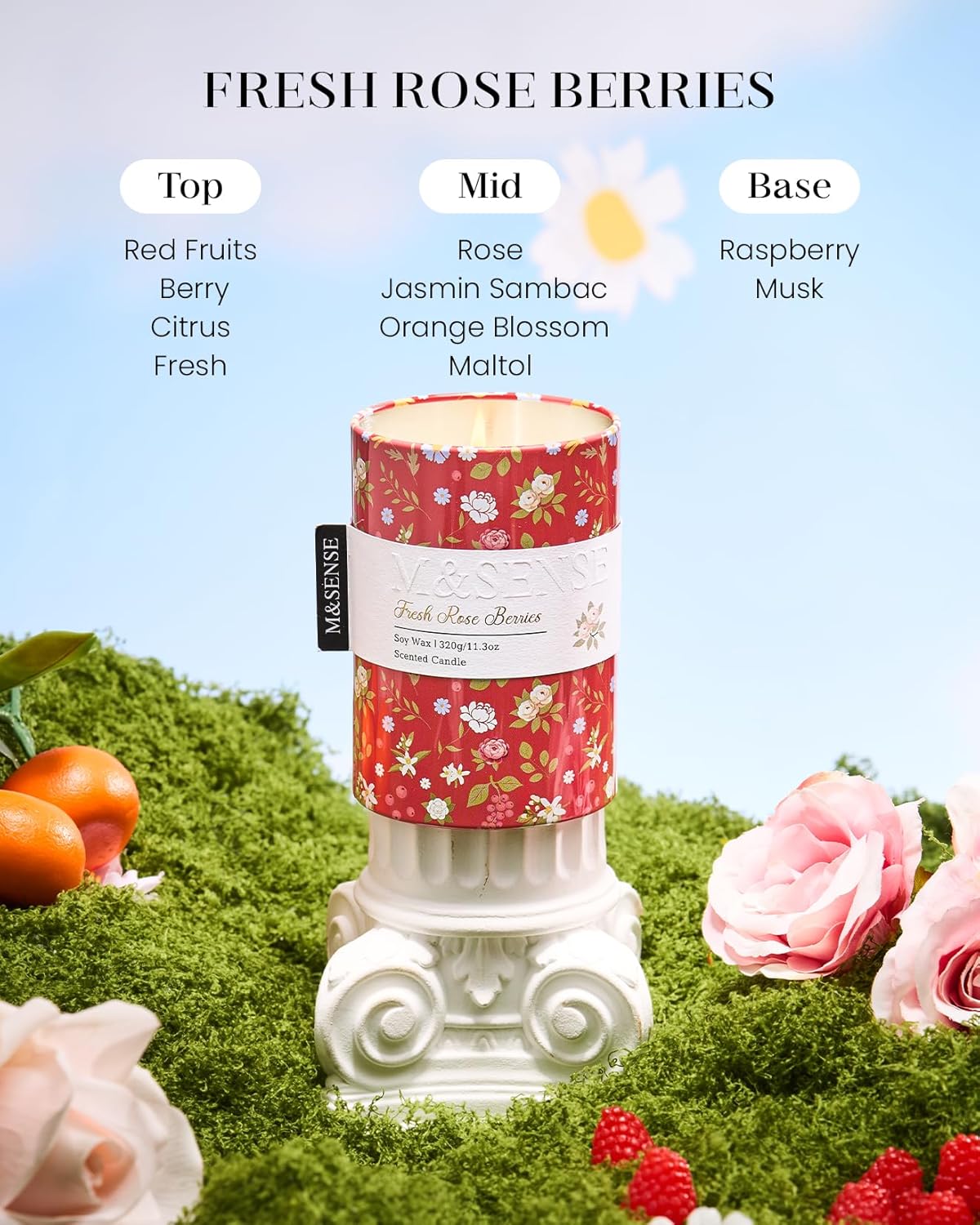 M&SENSE Fresh Rose Berries Scented Candle, Medium Jar Candle 11.3oz Natural Soy Wax for Home Scented, Floral Candles Gift for Spring Holiday, Up to 70 Hours Burning Long-Lasting Fragrance