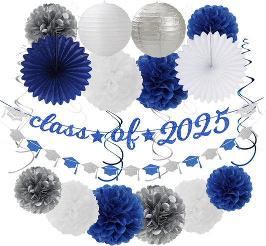 2025 Blue Class-Congratulations Prom Graduation Party-Decorations - 22pcs High School College Grad Supplies Decor,Royal Navy White Silver Tissue Pom Poms Streamers, Paper Flowers Lanterns Hugmoon