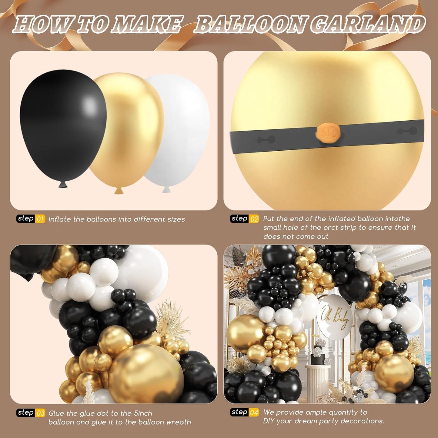 412Pcs Black and Gold Balloons,18 12 10 5 Inch Different Size Black White Metallic Gold Latex Balloons for Graduation Birthday Wedding Party Decorations