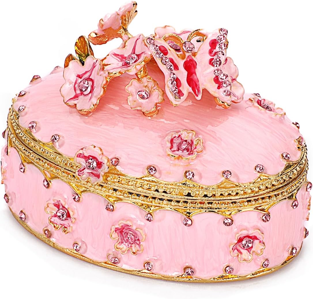 ELLDOO Enamel Flower Butterfly Trinket Box, Mini Vintage Metal Hinged Decorative Box Ring Earrings Jewelry Organizer, Keepsake Home Decor Gift Box for Women Girls, Pink