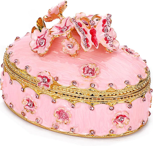 ELLDOO Enamel Flower Butterfly Trinket Box, Mini Vintage Metal Hinged Decorative Box Ring Earrings Jewelry Organizer, Keepsake Home Decor Gift Box for Women Girls, Pink