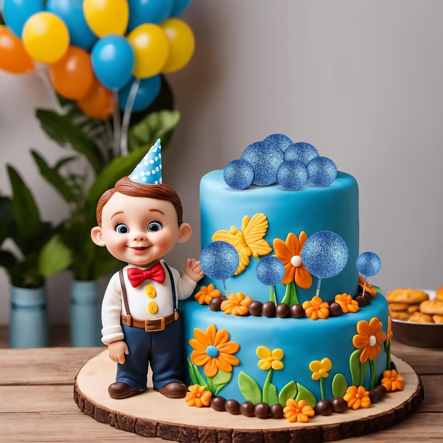 ASTARON 20 Pcs Ball Cake Topper Decorations Mini Cake Balloons Sticks Blue Glitter Cake Topper Balls for Graduation Wedding Birthday Cake Decorations