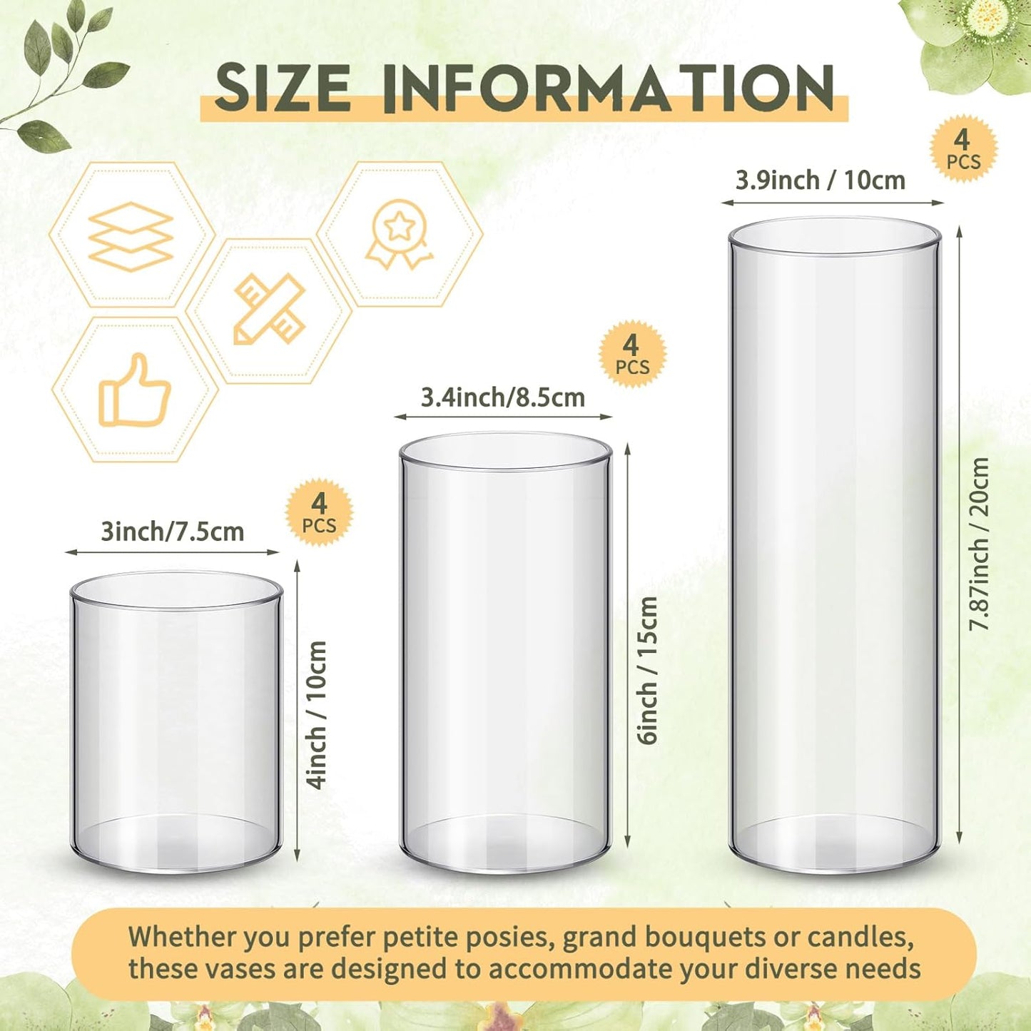 Nuogo 12 Pcs Plastic Cylinder Vases Tall Clear Flower Vases for Centerpieces Hurricane Candle Holder for Home Wedding Office Party Formal Dinners Decorations (4''/6''/8'')