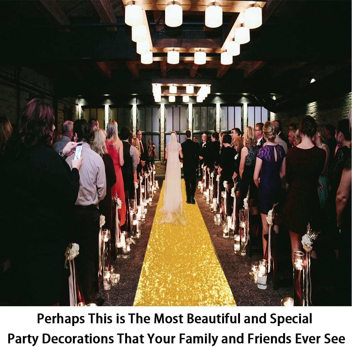 ShinyBeauty 4x20ft Sequined Gold Wedding Aisle Runner – Floral Printed Reusable Carpet Runner for Bride Walkway, Indoor Outdoor Ceremony