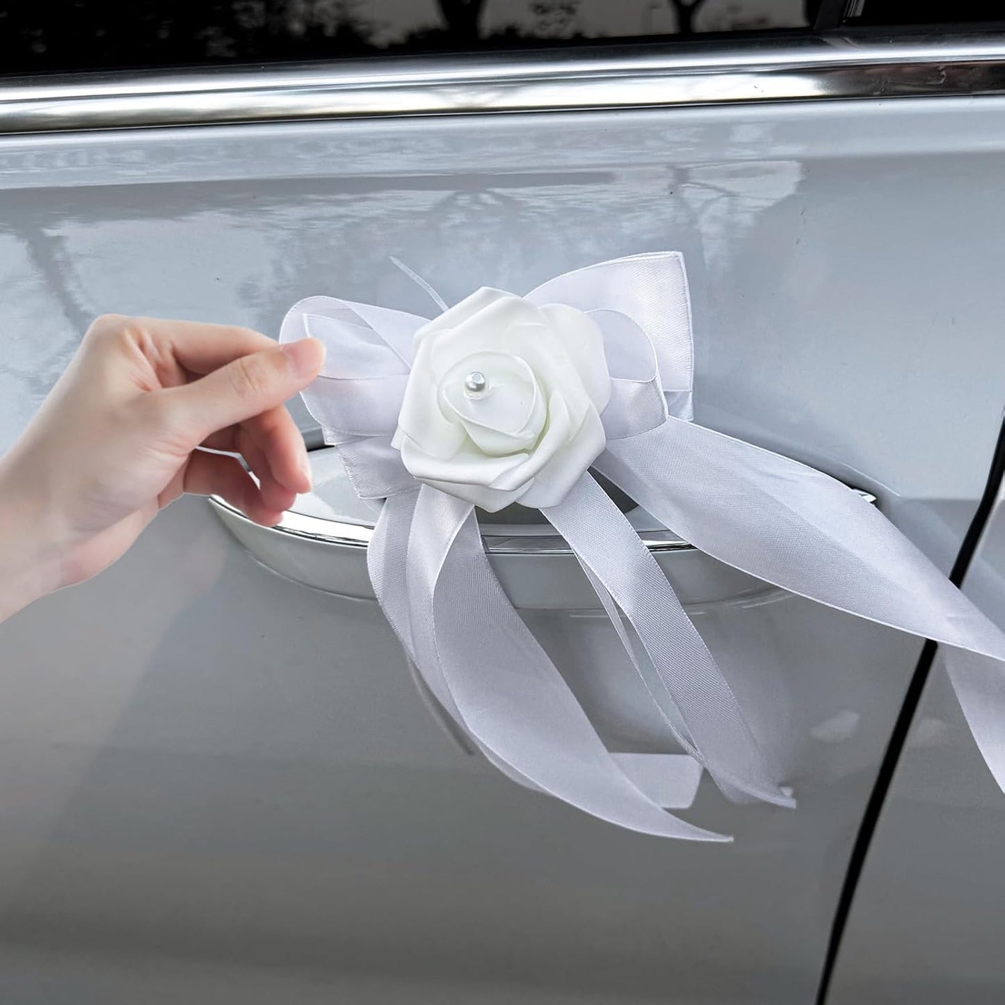 Wedding Car Decoration Flowers, Artificial White Bow Cars Decorative Flower Rose for Door Handles, Automotive Decorations Accessories for Women Men