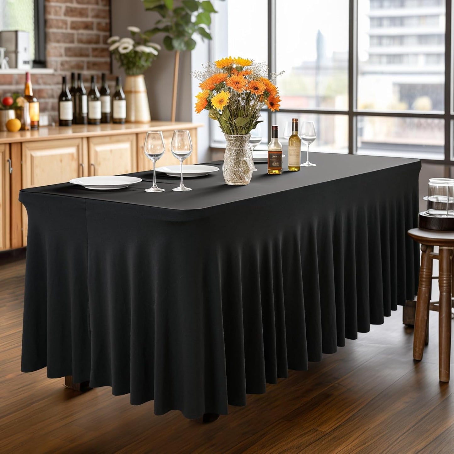 Wish Care 6 Pack Black Spandex Table Cloths for Rectangle Tables 4ft - One-Piece Wrinkle Free Fitted Table Cover 4 Foot Table Stretch Tablecloths for Party, Banquet, Wedding and Events