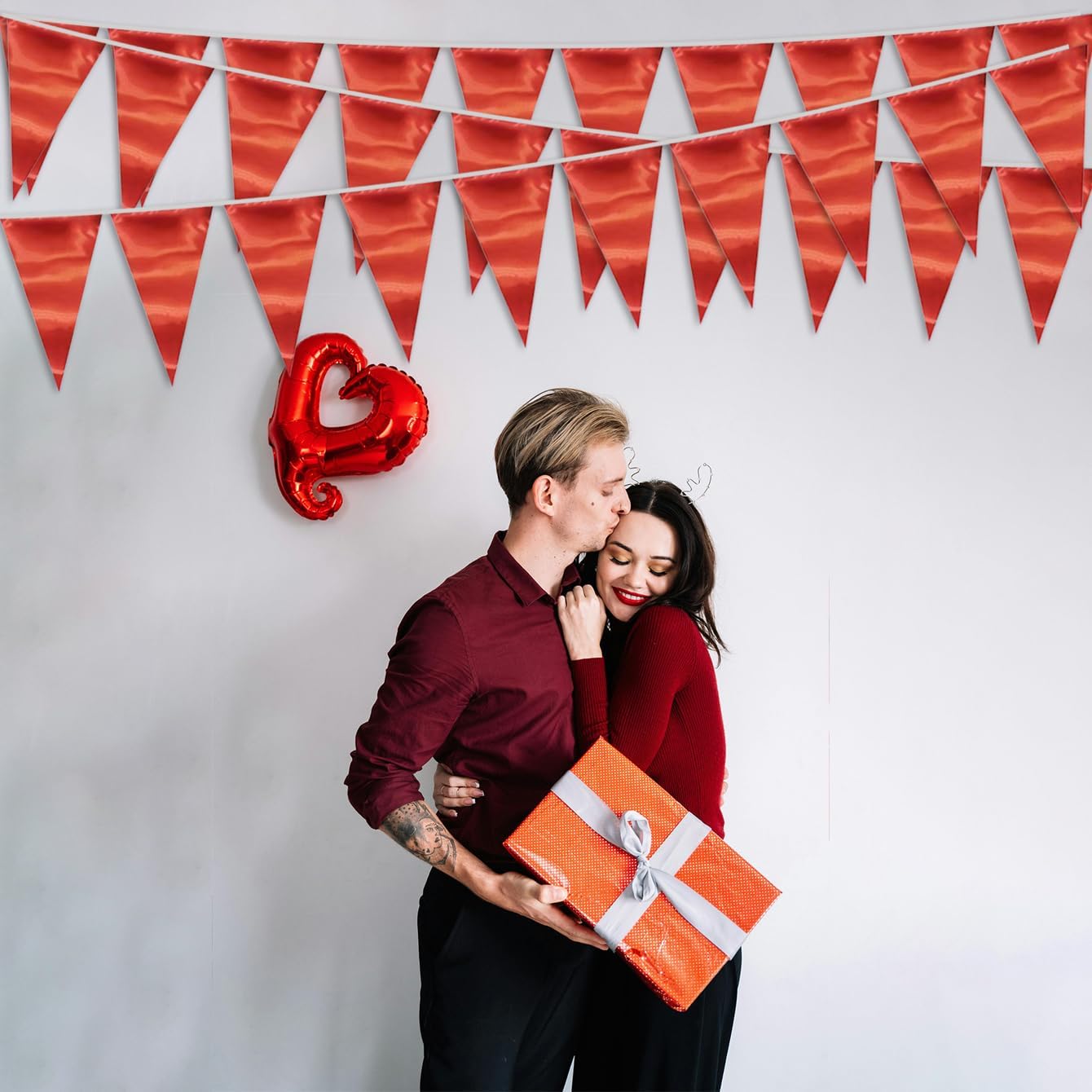 40M/130FT Red Triangle Pennant Banner Flag Metallic Fabric Bunting Garland for Christmas Graduation Wedding Engagement Anniversary Bachelorette Birthday Bridal Shower Valentines Hen Party Supplies