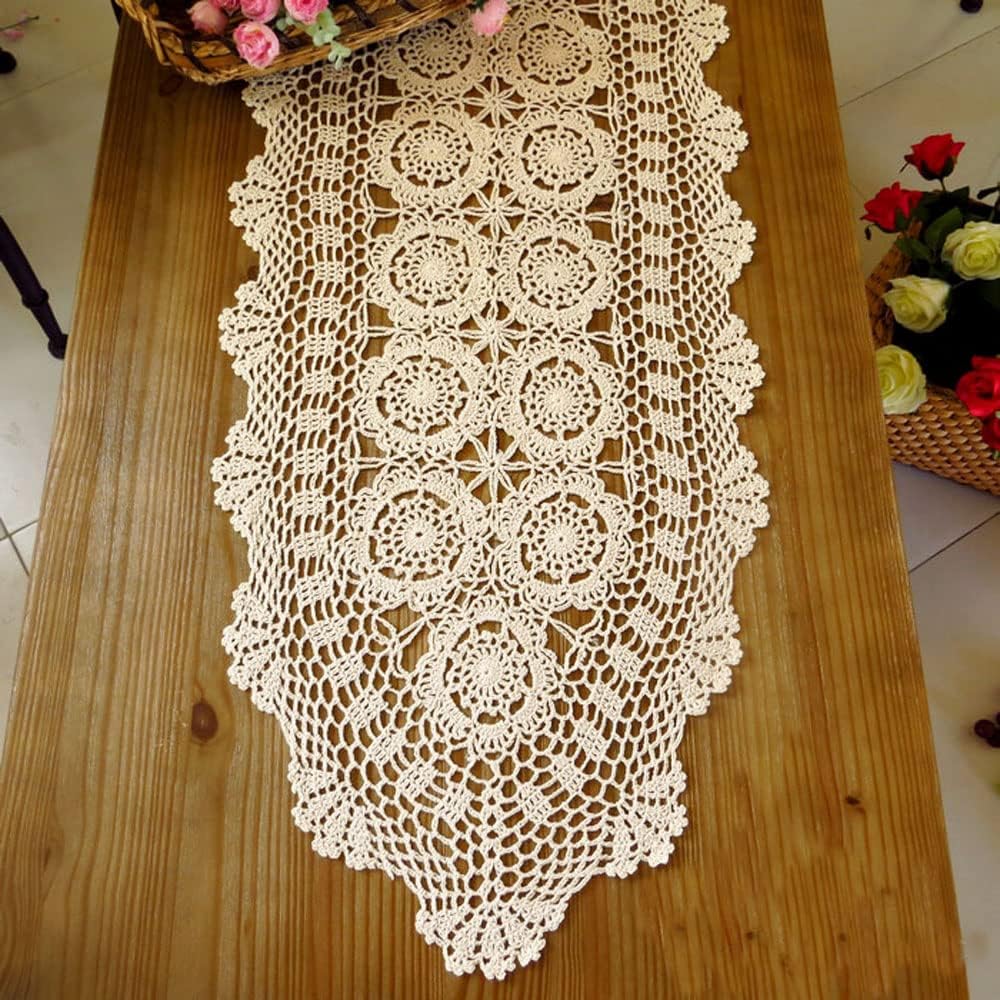 Cotton Handmade Crochet lace Table Runners Oval Tablecloth Doilies Doily Table Dresser Scarf Décor,15x35 inch,Beige