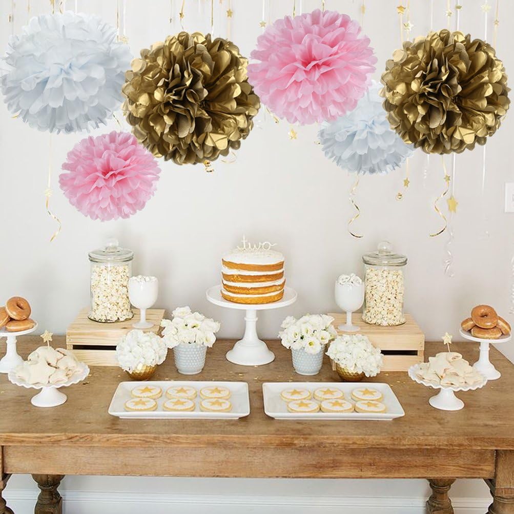 MOWO Paper Flower Tissue Pom Poms Baby Shower Party Supplies (Gold,Pink,White,18pc)