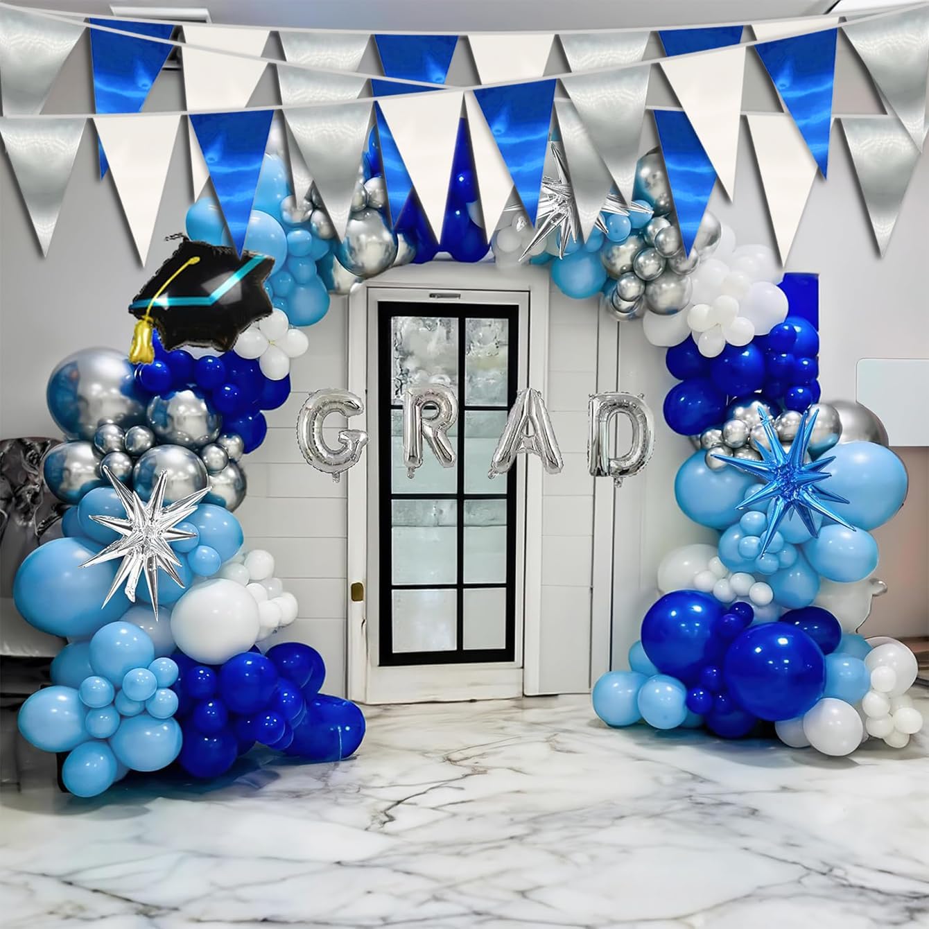 65FT Navy Blue White Silver Triangle Pennant Banner Flag Metallic Fabric Bunting Garland for Christmas Graduation Birthday Wedding Bridal Shower Nautical Ahoy Achor Theme Party Decorations Supplies