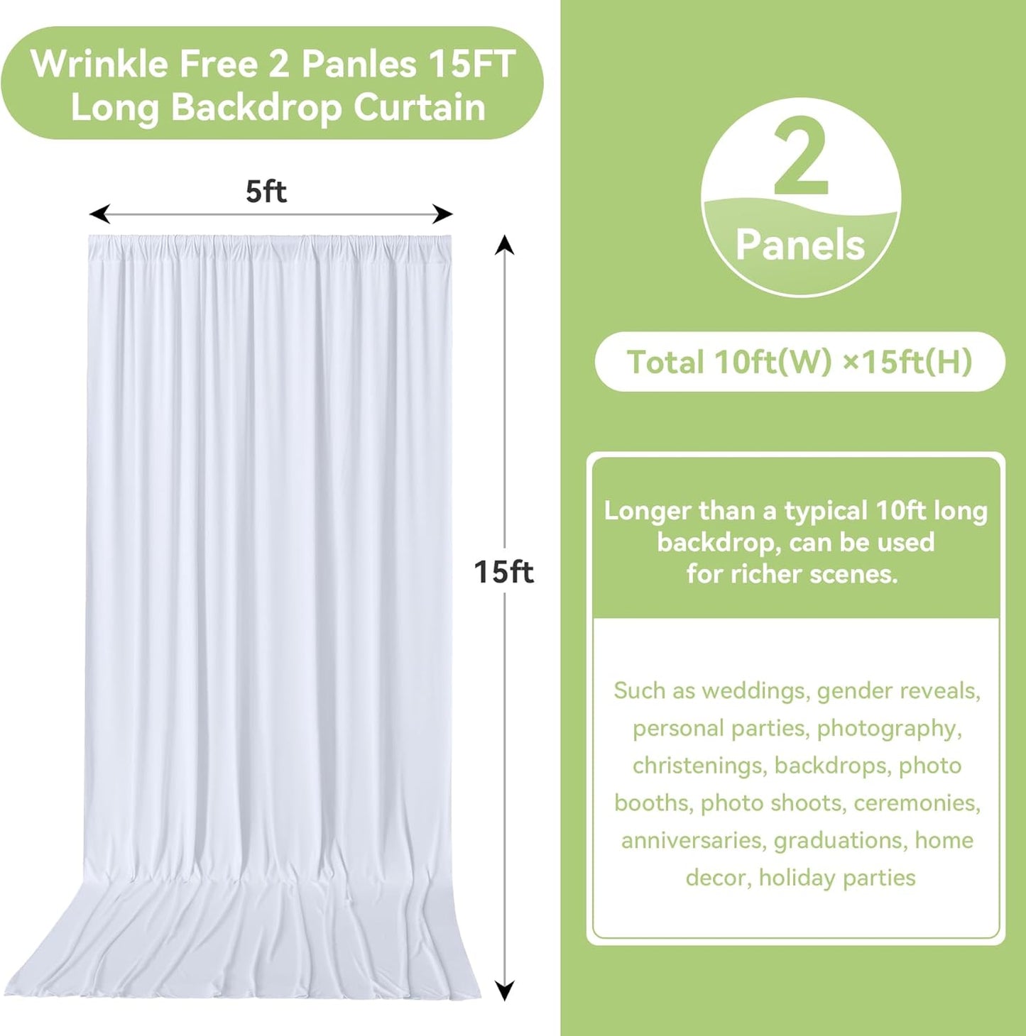 10ftx15ft Wrinkle Free White Backdrop Curtain, 2 Panels 15FT Height White Wedding Backdrop Drapes, Silky Polyester Back Drop Cloth for Birthday Photography Background Party Backdrop Draping