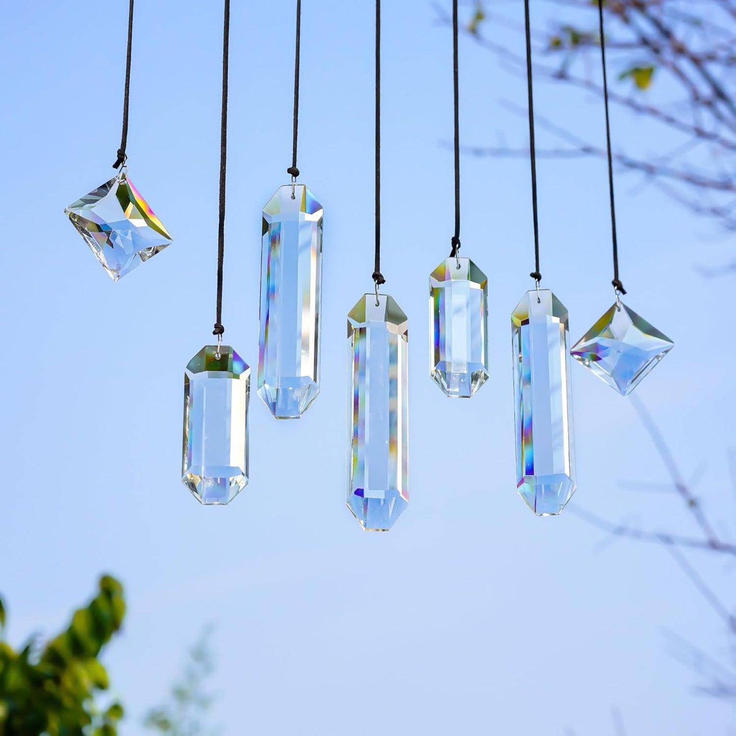 HDCRYSTALGIFTS Modern Grief Gift,Set 7 Clear Crystal Prisms Suncatchers Hanging Ornament,Rainbow Maker Sun Catchers for Windows, Balcony, Kitchen, Garden Decoration