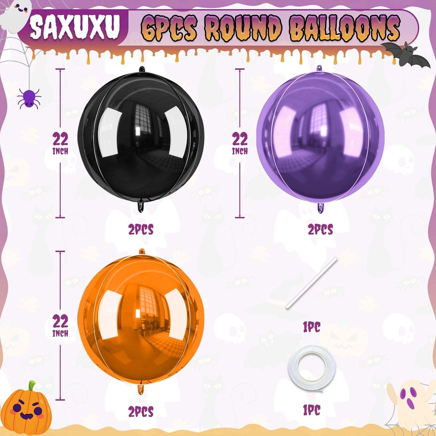 Halloween Black and Orange Foil Balloons, 6 Pcs Large Metallic Orange Black Purple Giant 4D Round Balloons, 22 Inch Big Round Foil Balloon for Birthday Party Halloween Decorations