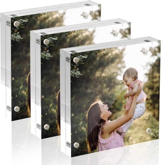 4x4 Acrylic Picture Frames, 20mm Thick Clear Frameless Magnetic Photo Frames, Double Sided Transparent Square Frame Gift for Desktop Display(3 Pack)