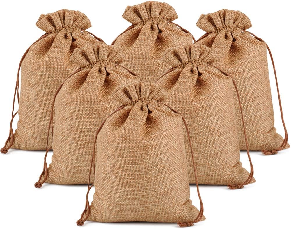 Lucky Monet 25/50/100PCS Burlap Gift Bags Wedding Hessian Jute Bags Linen Jewelry Pouches with Drawstring for Birthday, Party, Wedding Favors, Present, Art and DIY Craft (100Pcs, Coffee, 7” x 9”)