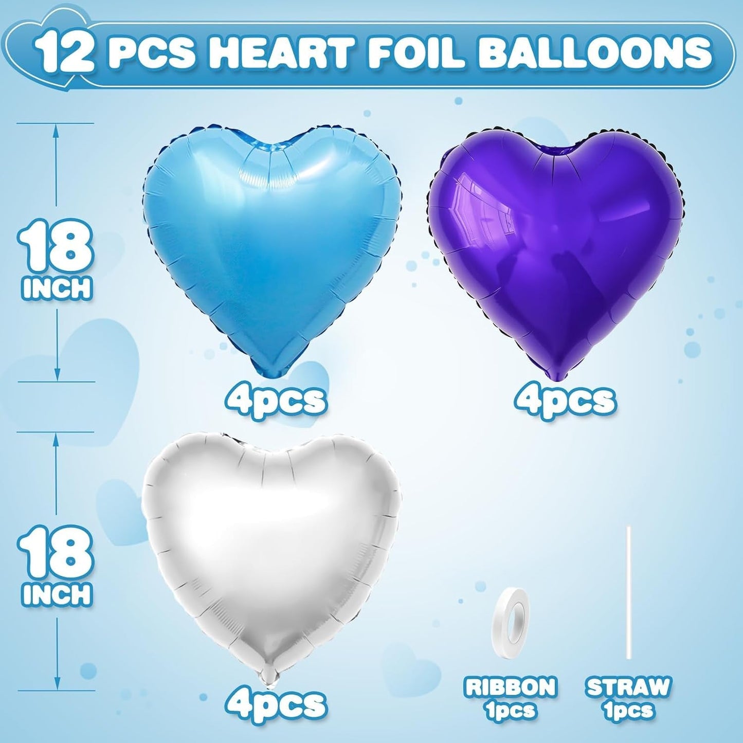 Blue Purple Silver Heart Balloons,12Pcs 18Inch Blue Silver Purple Heart Shaped Foil Helium Polyester Film Balloons for Baby Shower Birthday Anniversary Wedding Engagement Party Decorations