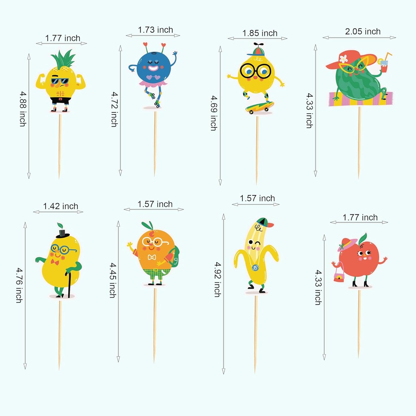 24pcs Fruit Cupcake Toppers Anthropomorphic Fruit Theme Kawaii Watermelon Apple Banana Lemon Pineapple Strawberry Cupcake Picks for Kid Baby Shower Summer Decorations