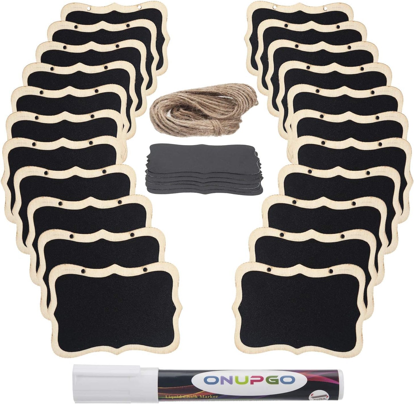 ONUPGO 20 Pack Mini Chalkboard Tags with Liquid Chalk Marker, Erasable Wooden Chalkboard Signs with Hanging String, Price Tags, Message Tags for Wedding Decor, Party Buffet Display, Place Cards