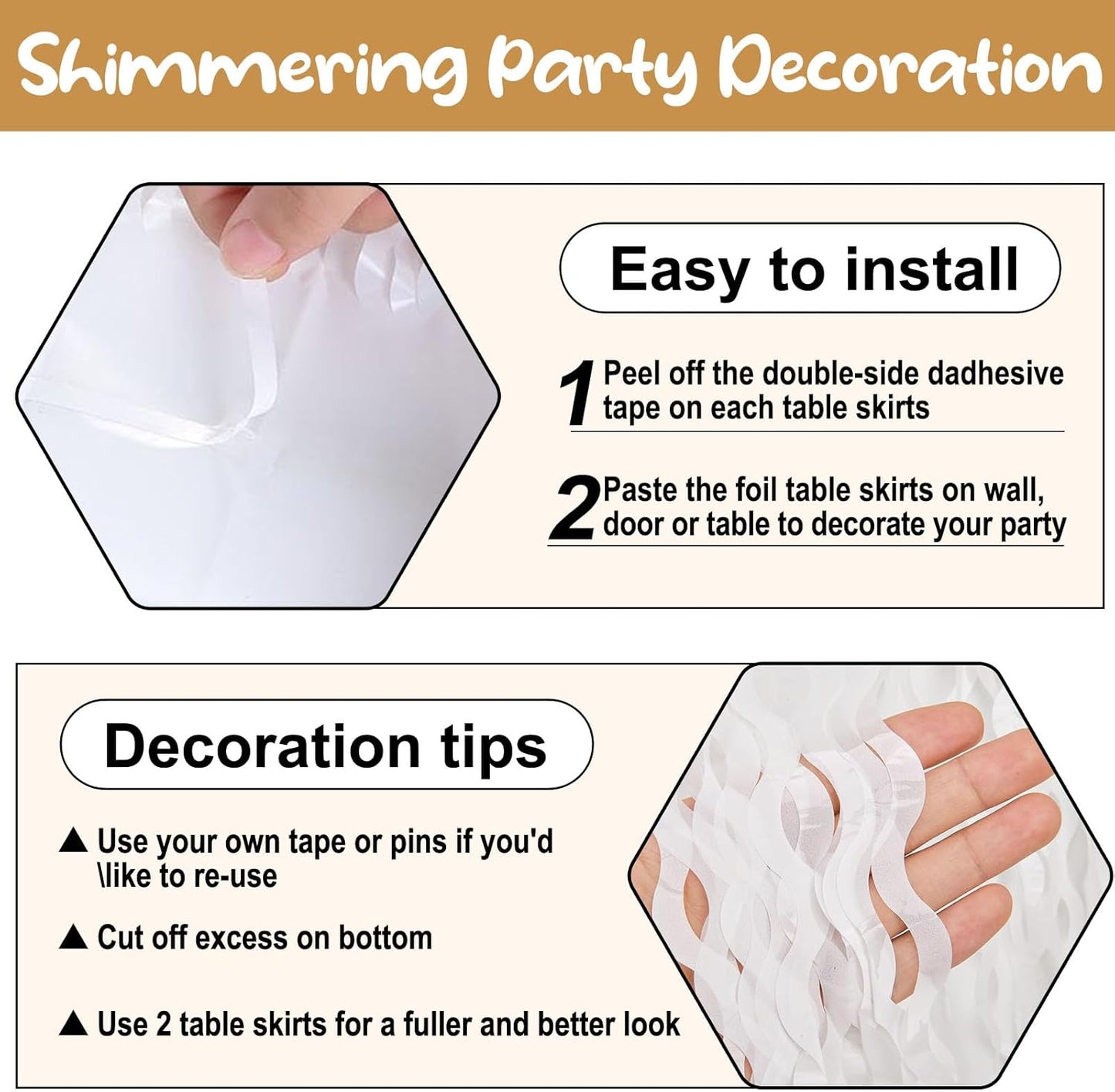 6 Pack 29 x108 Inch Macaron White Wave Foil Fringe Table Skirts Metallic Banner for Tinsel Streamer Garland Backdrop for Parade Floats, Mother's Day, Easter, Wedding, Birthday Party Decoration