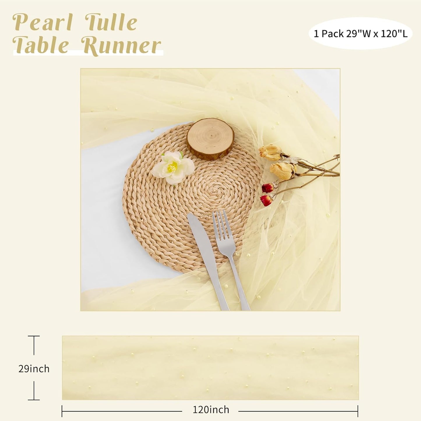 Pearl Table Runner 29 x 120 Inch Tulle Fabric Lace Table Runners Boho Rustic Tablecloth for Bridal Shower Birthday Party Wedding Arch Aisle Veil Dessert Table Decor(1 Pack, Ivory)