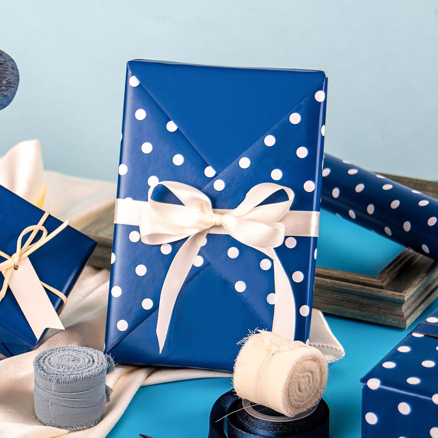 Flyhill Navy Blue Wrapping Paper,Reversible Gift Wrap Paper with Polka Dot Design for Father's Day,Birthday,Wedding,Baby Shower,All Holidays(17 Inch X 32.8 Feet)