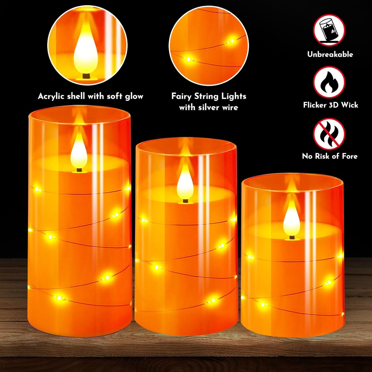 NURADA Flameless Candles with Remote Timers: Built-in Star String Lights 3D Wick Battery Operated Flickering LED Electric Candles for Halloween Thanksgiving Dinner Tables Fall Home Decor Orange 3 Pack
