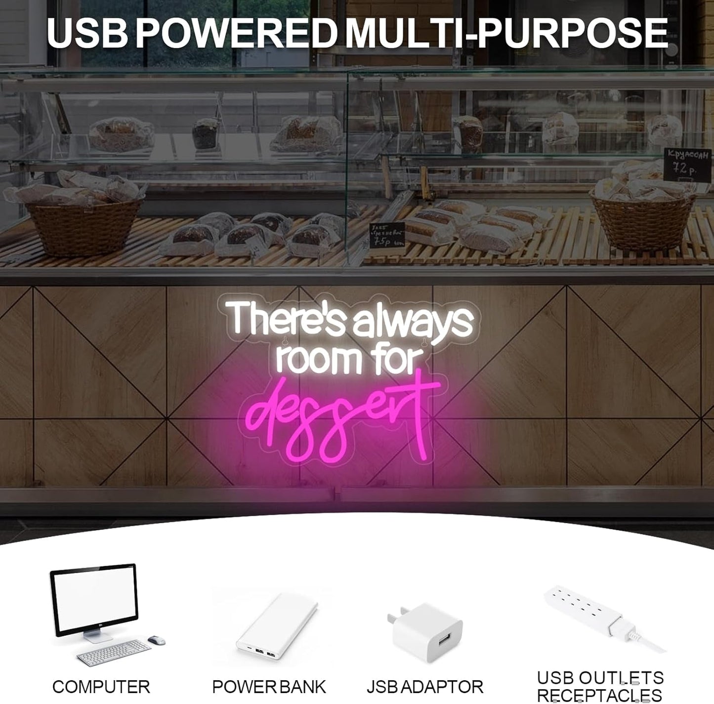 There's Always Room for Dessert Neon Sign Baking Bread Shop Decor Led Light Cafe Dessert Decor Welcome Sign Open LED Light, 15.7"x10.6"