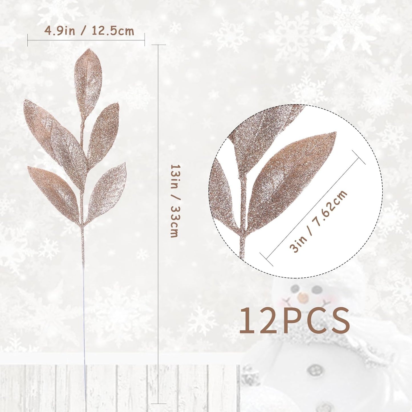 GREENTIME 12 Pack Artificial Champ Glitter Leaves 13" Fake Christmas Picks Decorative Glitter Sticks for Vase Christmas Tree DIY Wreath Crafts Fireplace Decor