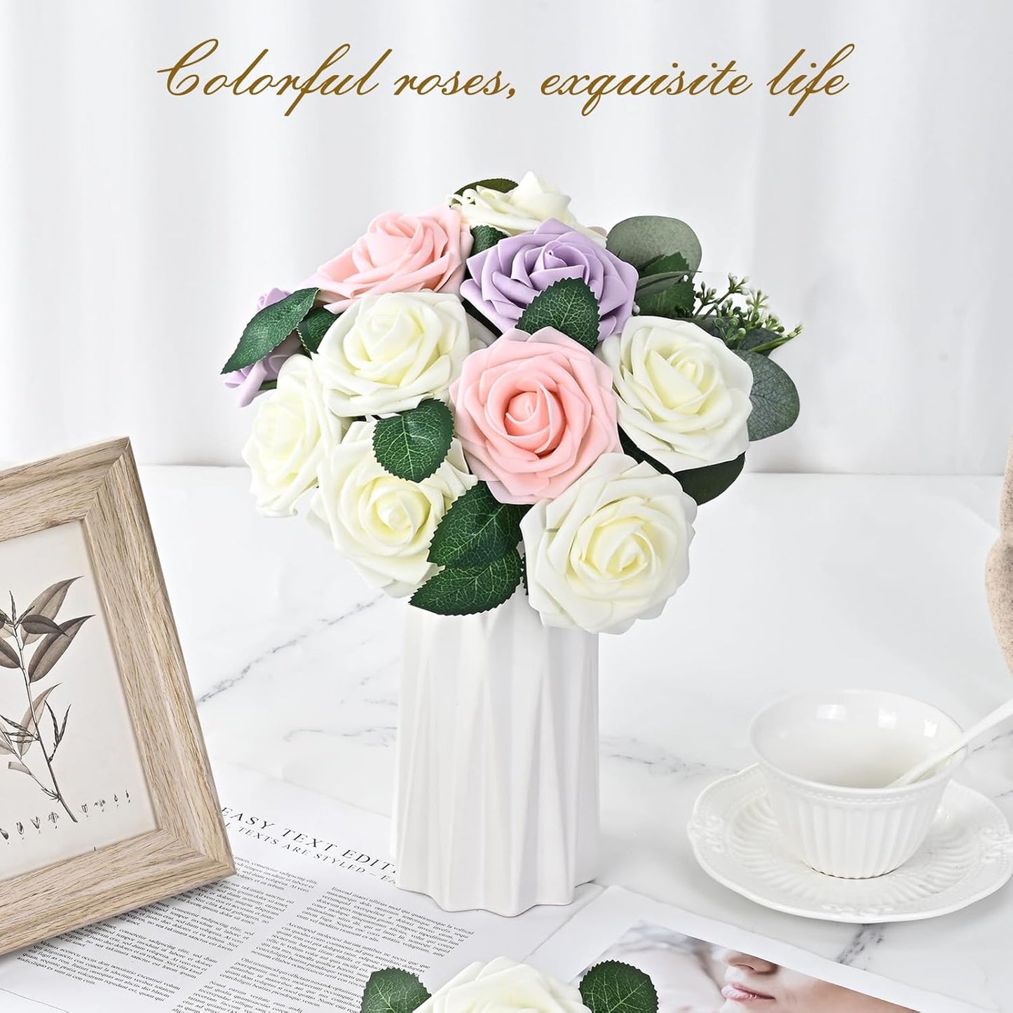 BLEUM CADE 16Pcs Artificial Flowers Fake Roses with Stems, Ivory White Boxed Foam Roses for DIY Bouquets Centerpieces Wedding Party Arrangement Bridal Shower Decor