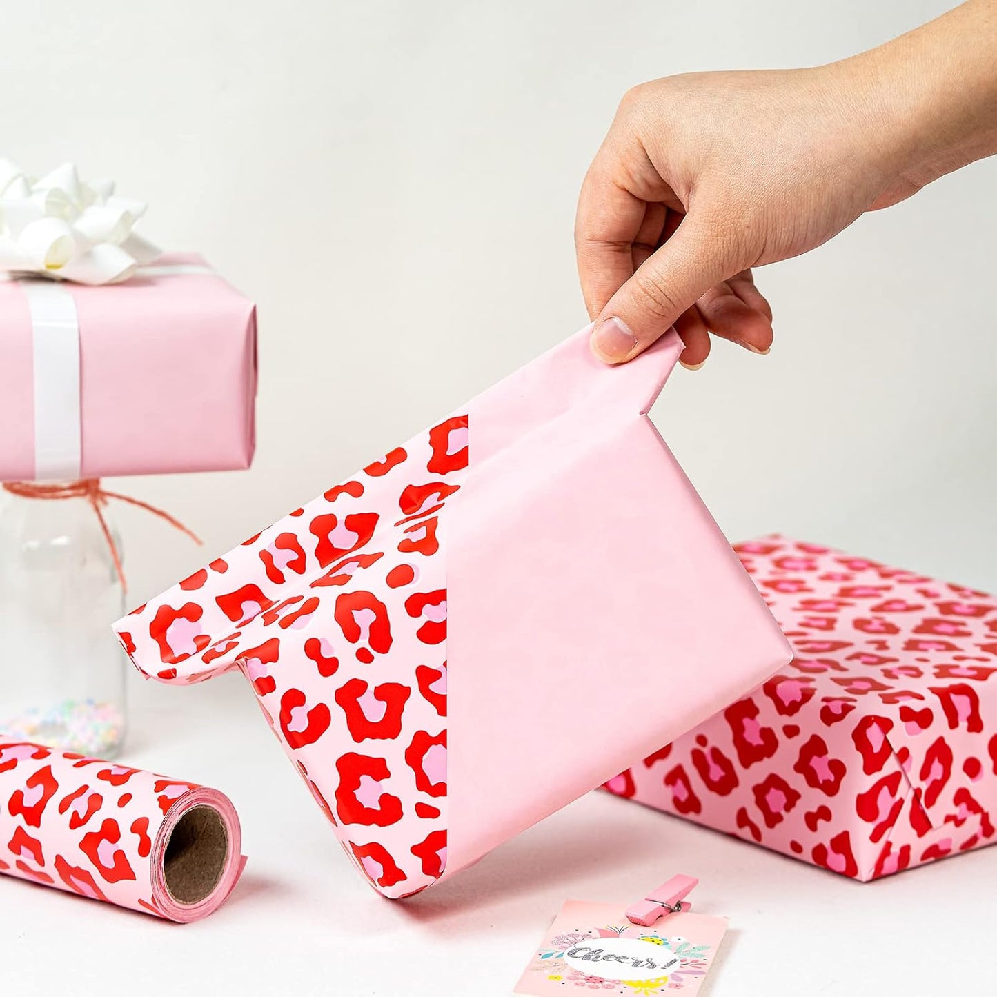 WRAPAHOLIC Reversible Leopard Wrapping Paper - Mini Roll - 17 Inch X 33 Feet - Hot Pink Girls Birthday Wrapping Paper for Birthday, Holiday, Baby Shower