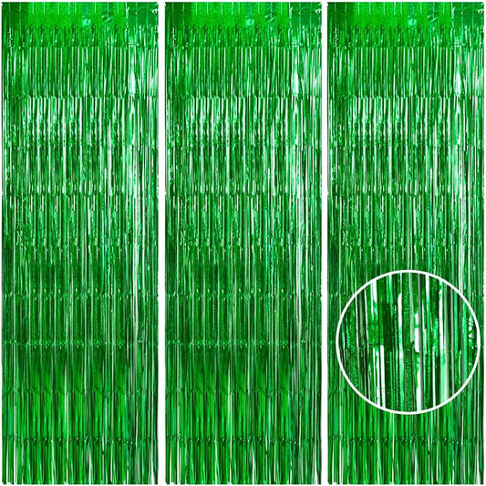 TONIFUL 3Pcs Laser Green Door Streamers, Metallic Streamers Foil Fringe Curtains for Birthday, Christmas, New Year, Bachelorette, Grad Party (9.9ft x 6.6ft)