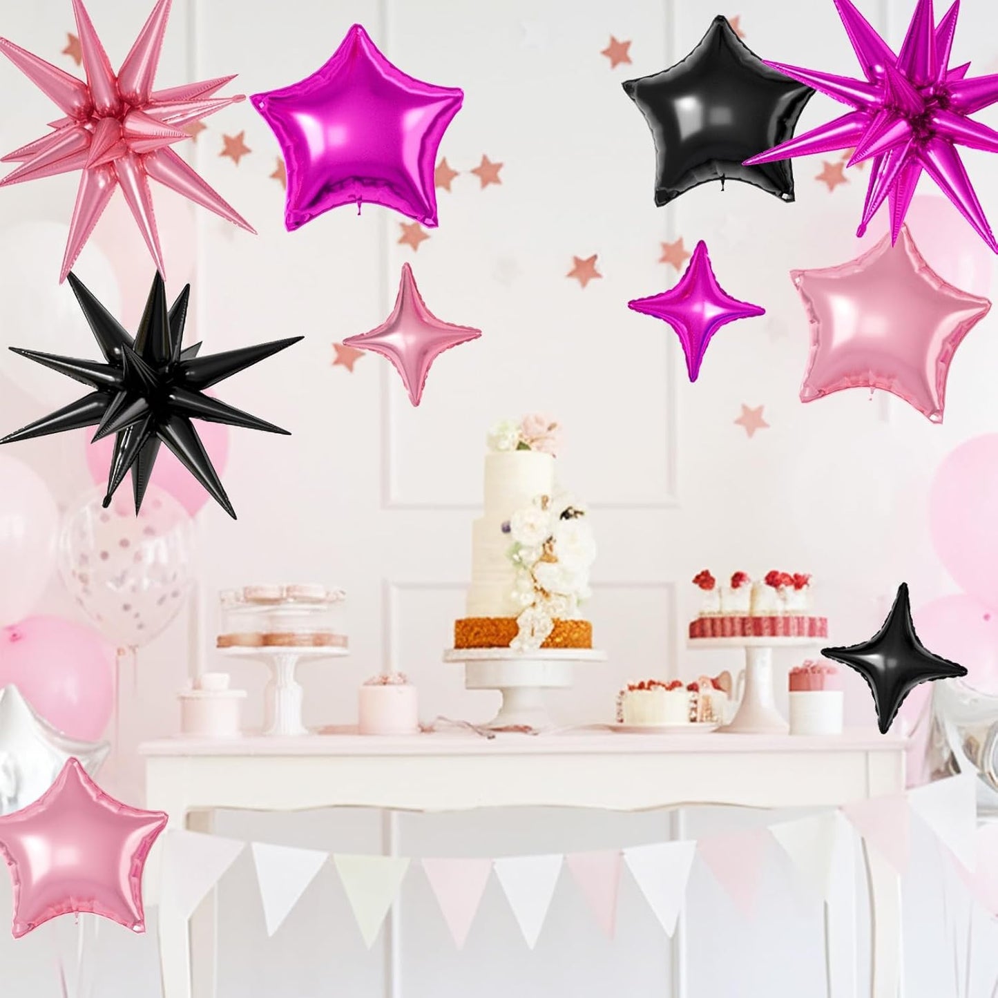 16 Pcs Black Hot Pink Star Balloons, 22/18/10 Inch Foil Balloons, Four-Pointed Balloon for Girl Mermaid Birthday Graduation Wedding Baby Shower Magic Party Decorations