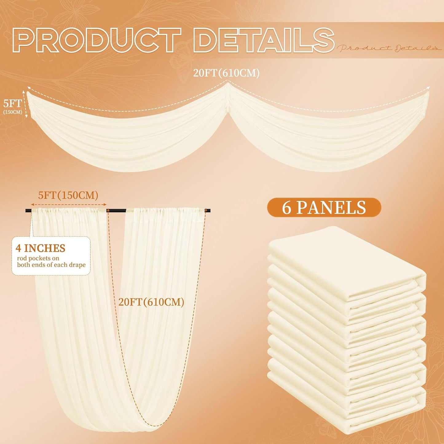 6 Panels Ivory Ceiling Drapes, 5ftx20ft Ceiling-Drapes Wedding Arch Draping Fabric Cheesecloth Sheer Curtain Romantic Decorations for Wedding Party Banquet Ceremony Stage