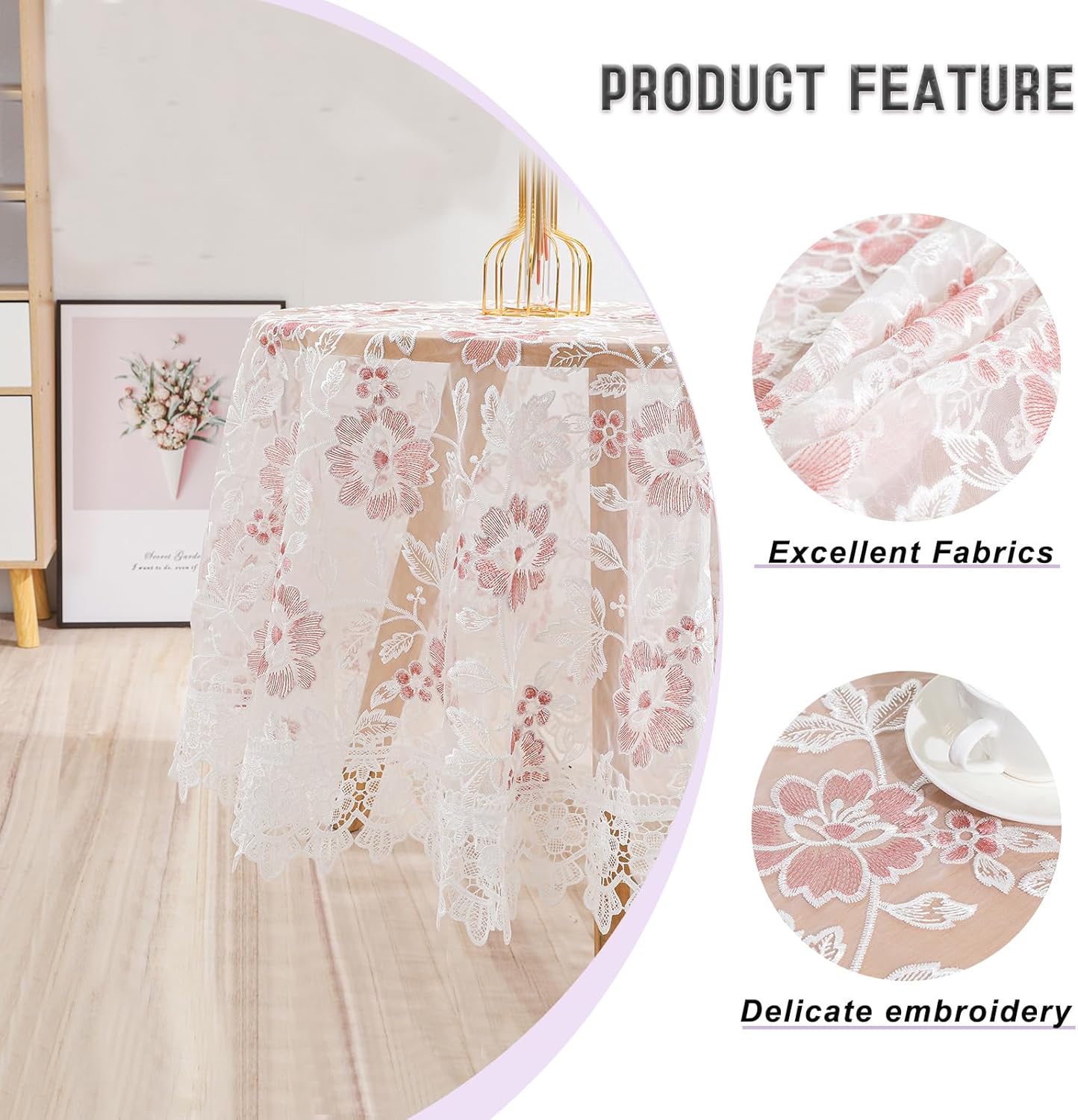 Round Embroidered Lace Tablecloth Vintage Decorative Exquisite Border Table Cover for Party Wedding Home Decorations, Round-35, White