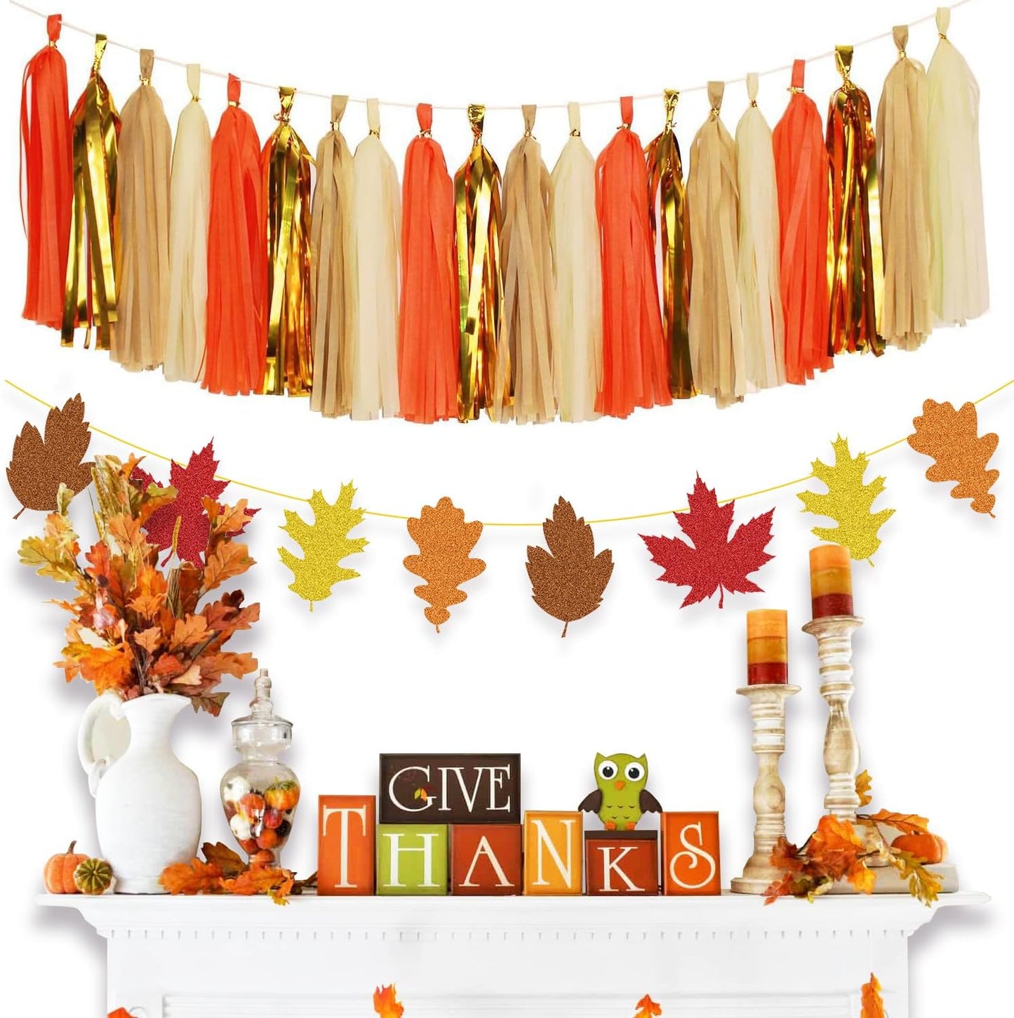 Tassel Garland, Tissue Paper Tassels Banner for Graduation Party Decorations, Thanksgiving, First Birthday Party Decorations, 20 pcs DIY Kits (Orange+Metallic Gold+Tan+Ivory)