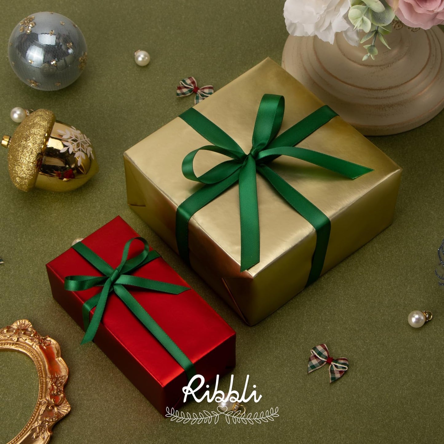 Ribbli Double Faced Forest Green Satin Ribbon,3/8” x Continuous 25 Yards,Use for Bows Bouquet,Gift Wrapping,Floral Arrangement