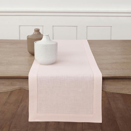 Solino Home Linen Pink Table Runner 36 Inches - Classic Hemstitch, 100% Pure Linen Coffee Table Runner 14 x 36 Inch Ideal for Dresser Tables - Halloween