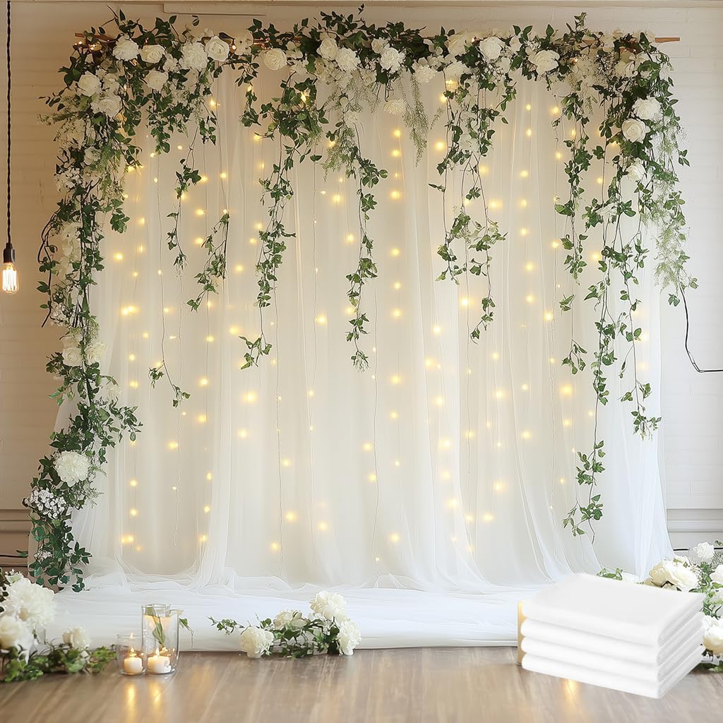 Tulle Backdrop Curtain with Lights String 20 X 8FT Ivory Sheer Tulle Backdrop Curtains for Wedding Birthday Party Reception Photo Booth Background Decorations (4 Panels 5x8FT)