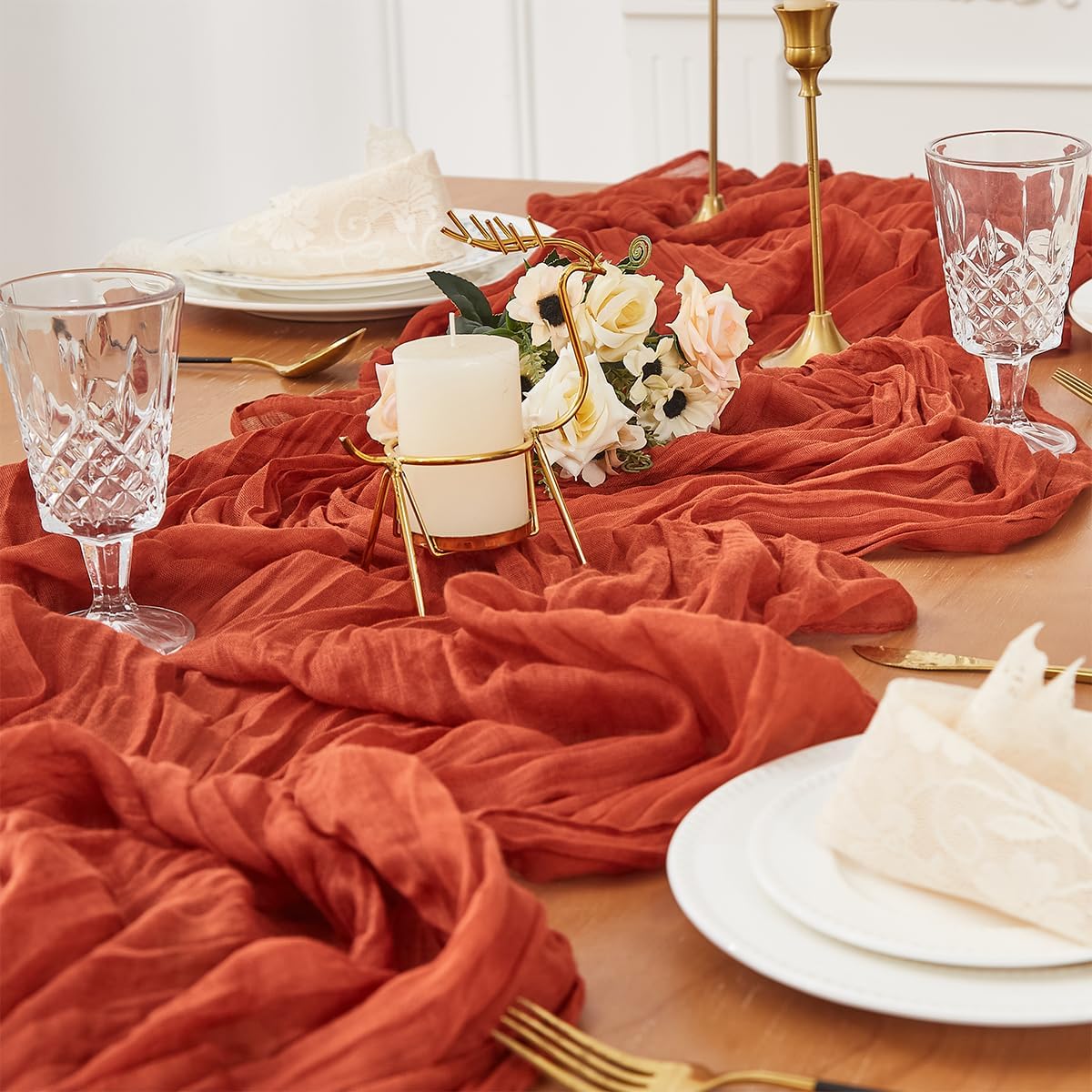 1 Pack Cheesecloth Table Runner 120 Inch 10 FT Boho Rustic Gauze for Wedding Baby Shower Party Farmhouse Summer Home Decor Washable (1, Terracotta)