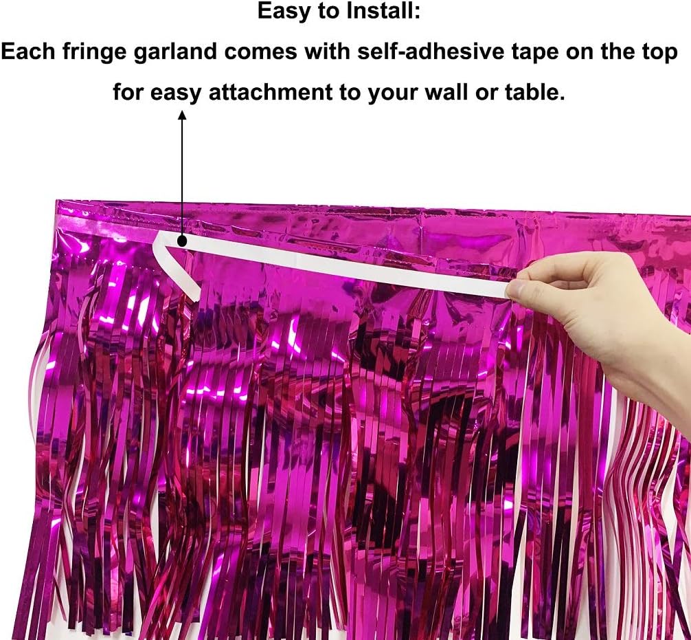 Thick 10 feet by 15 inches Fuchsia Foil Fringe Garland - Pack of 3 | Shiny Metallic Tassle Banner for Car Parade Floats, Wedding, Birthday | Wall Hanging Fringe Garland Banner (Fuchsia)