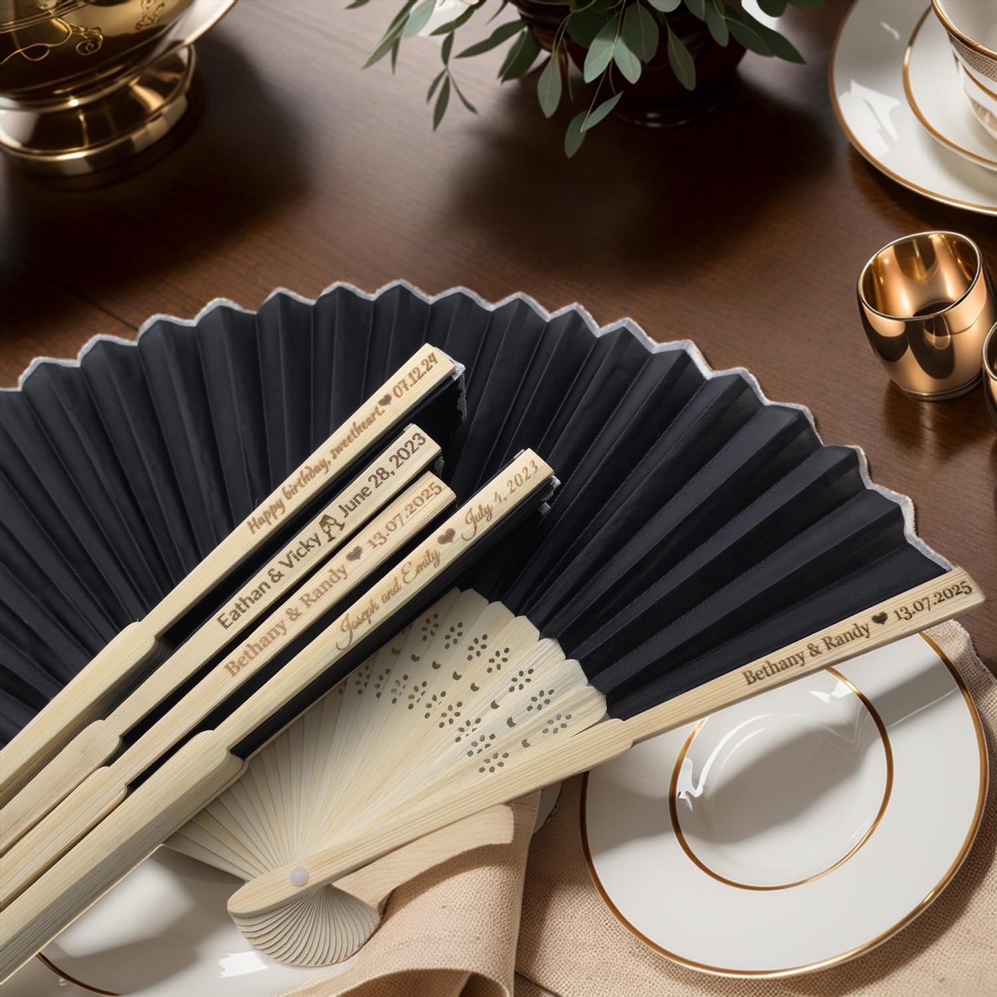 30Pcs Personalized Silk Fans Folding Hand Fan, Custom Wedding Bridal Party Favors, Summer Wedding Bride, Wedding Gift, Thank You Gift (Black)