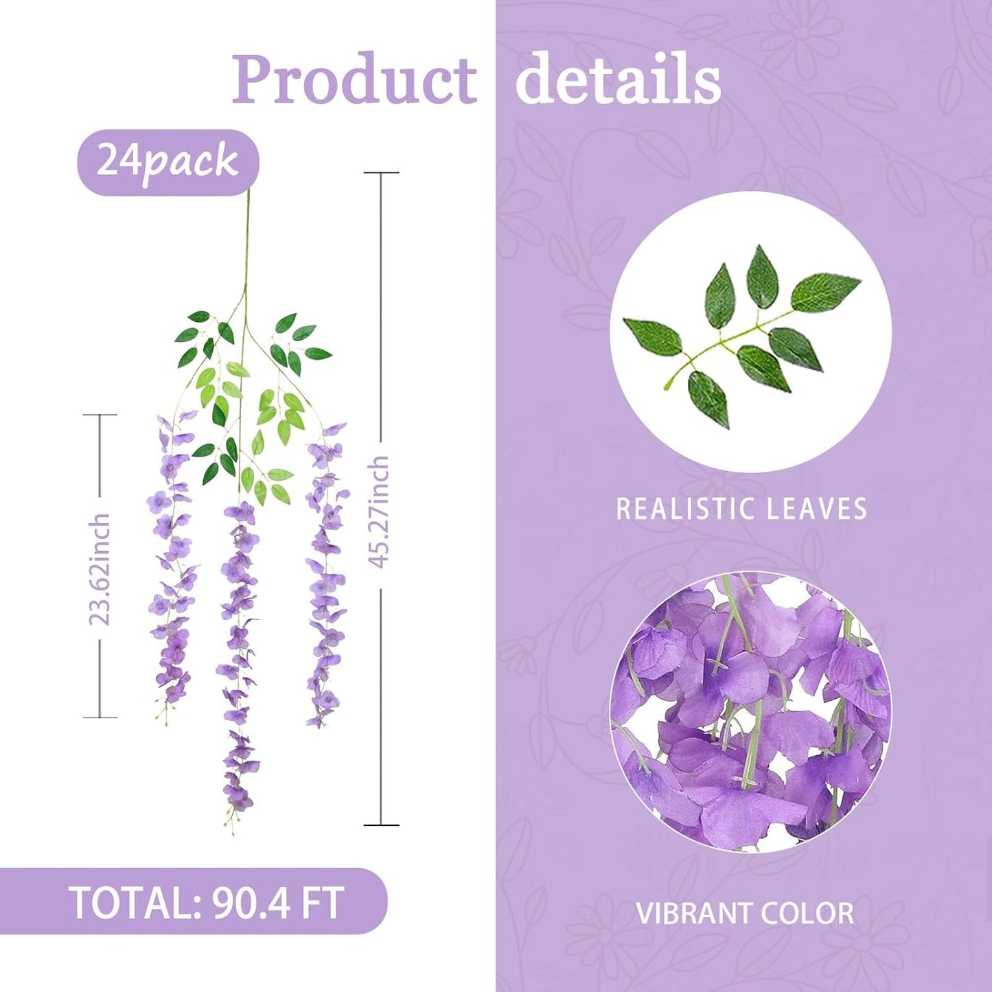 24 Pack Light Purple Wisteria Hanging Flowers Garland, 3.77 Feet Artificial Flower Vines, Fake Wisteria, Artificial Vines Hanging Garland for Backdrop Outdoor Yard Garden Decor