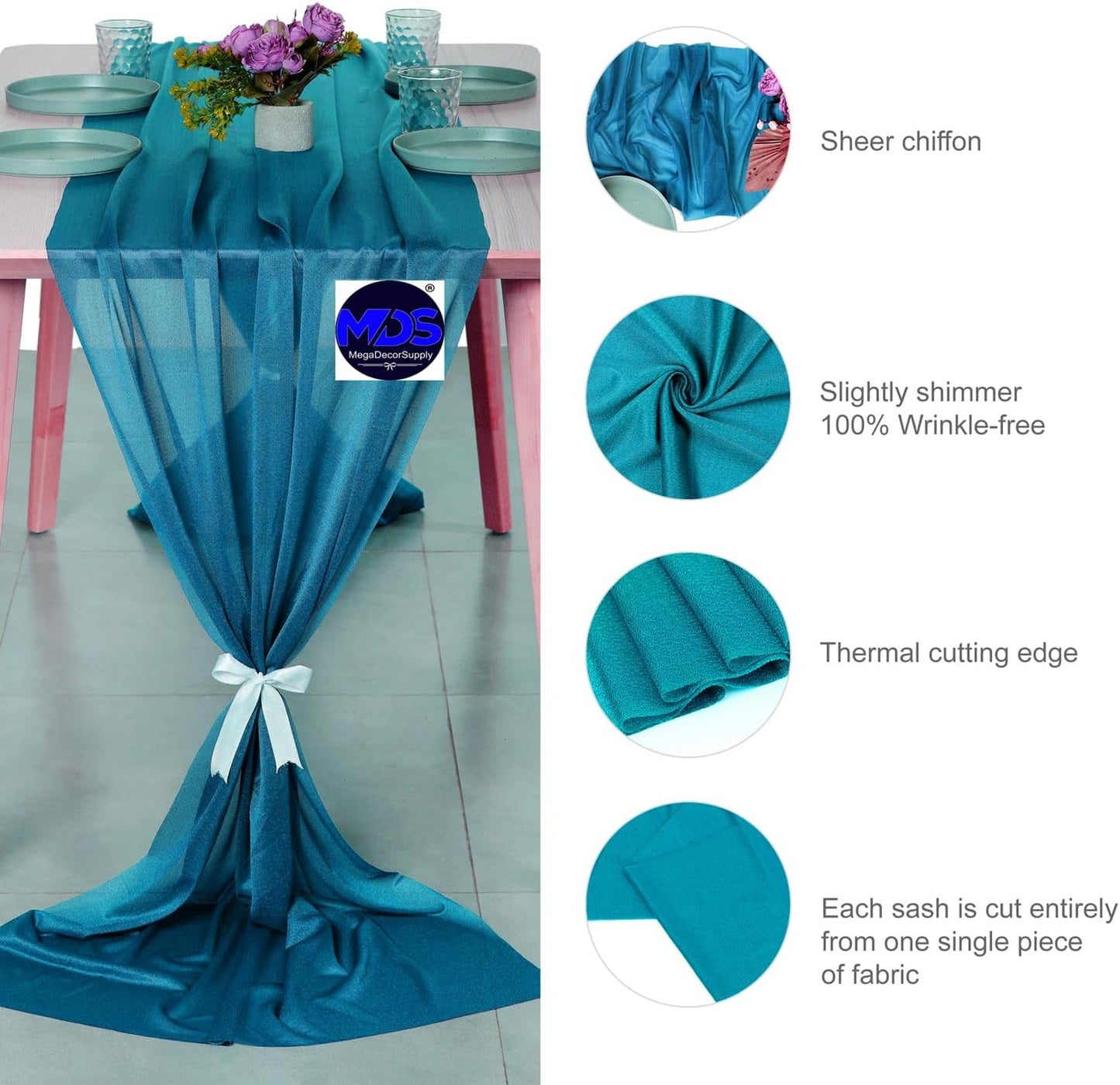 MDS 20 Pack 10ft Chiffon Table Runner 29 x 120 Inches Sheer Wedding Runner Romantic Rustic Table Runner for Wedding Decorations, Birthday Parties, Bridal Shower Party Arch Decor - Dark Teal