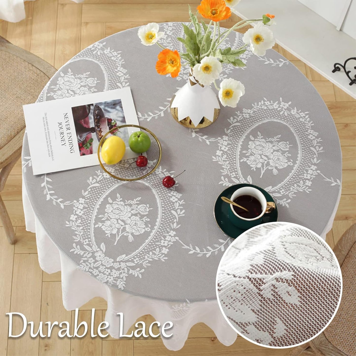 Jeloris Round Lace Tablecloth with Elegant Scalloped Bottom for Any Special Event Such as Wedding, Birthday Party, Baby Shower, Anniversary (48 inch, Style 6)
